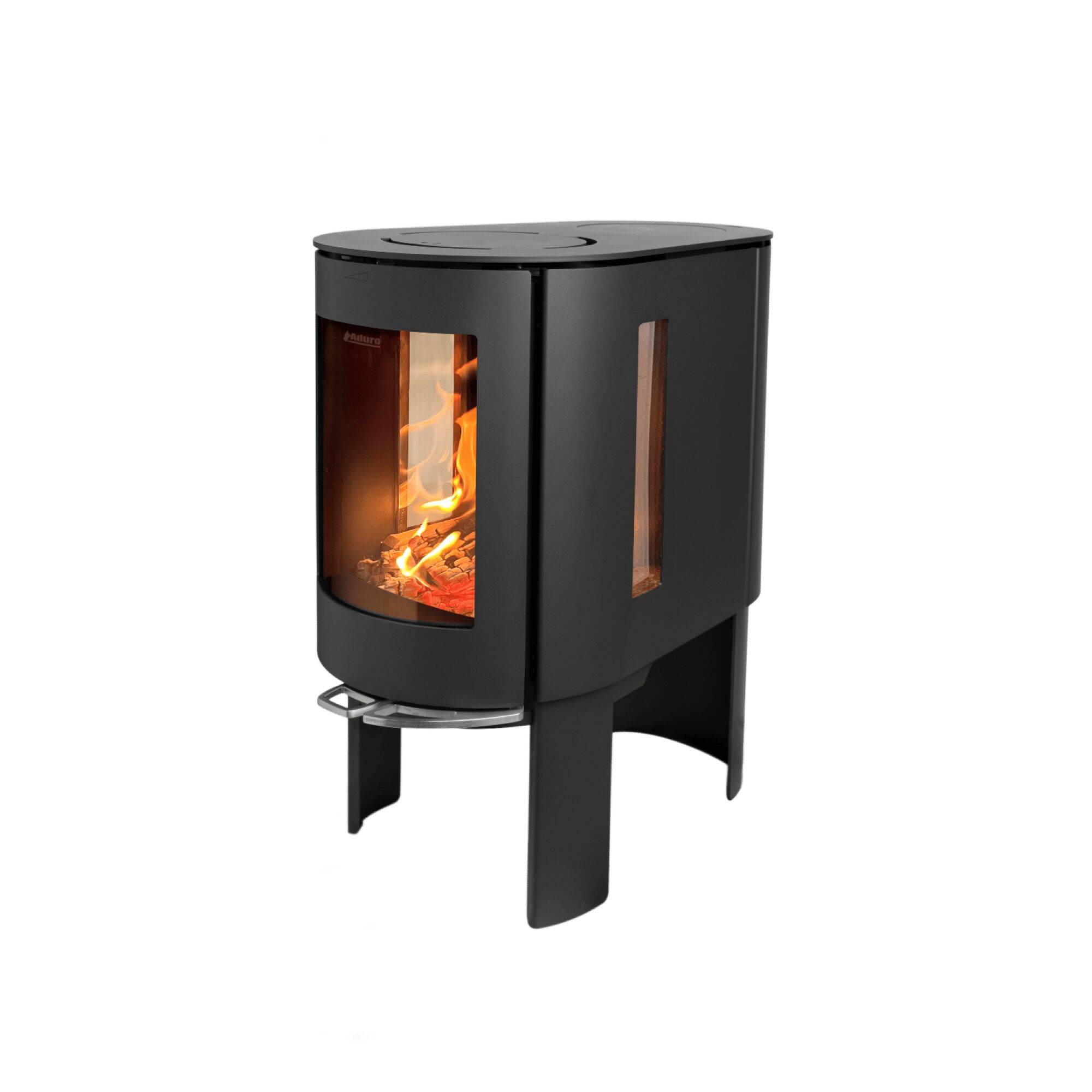 Kaminofen Aduro 23 schwarz mit brennendem Holz.