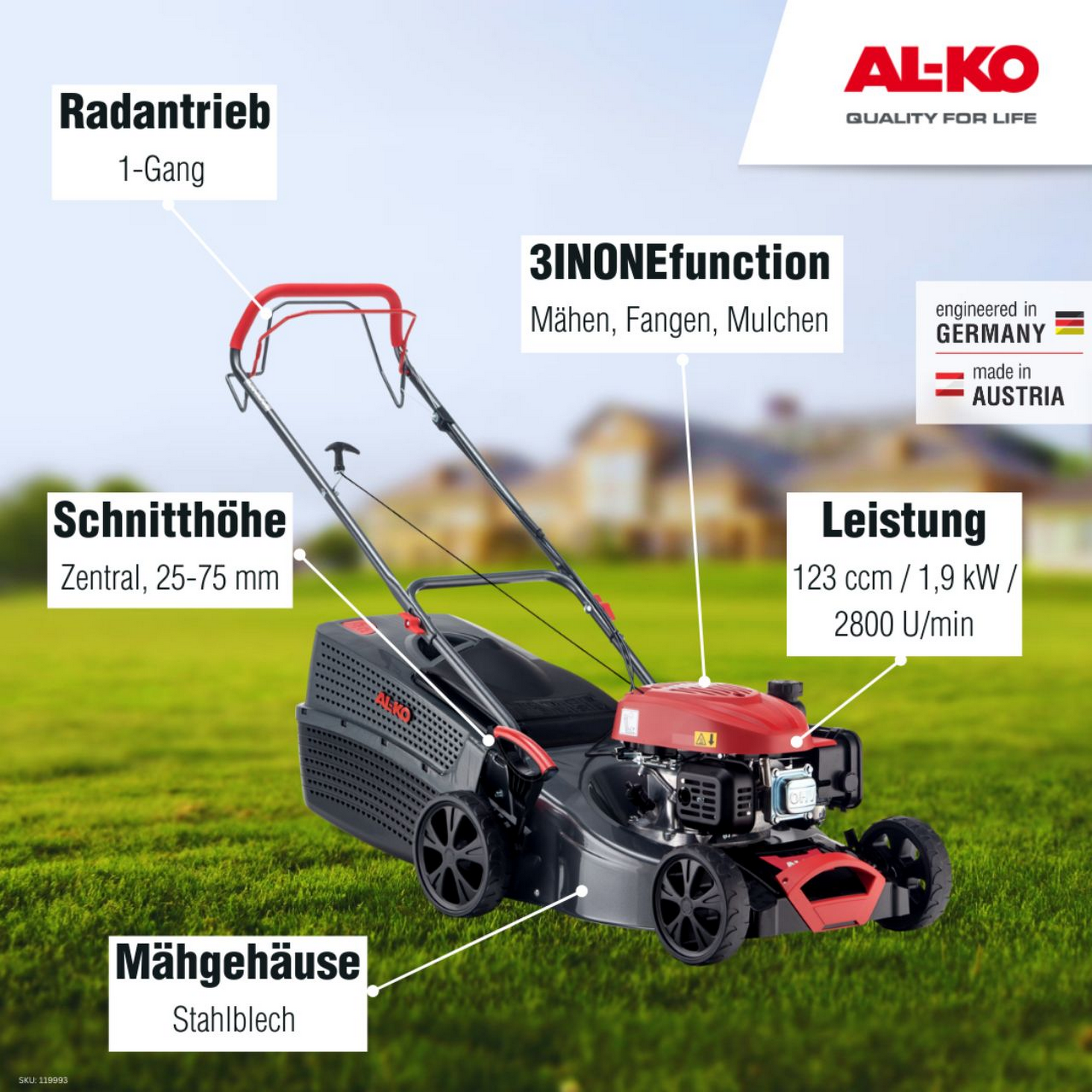 Benzin-Rasenmäher 'Comfort 42.1 SP-A' 1,9 kW 3-in-1 System bis 1000 m²