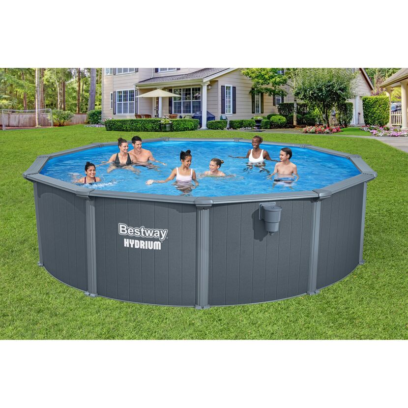 Stahlwandpool Komplett-Set 'Hydrium™' mit Sandfilteranlage rund Holz-Optik grau Ø 488 x 132 cm
