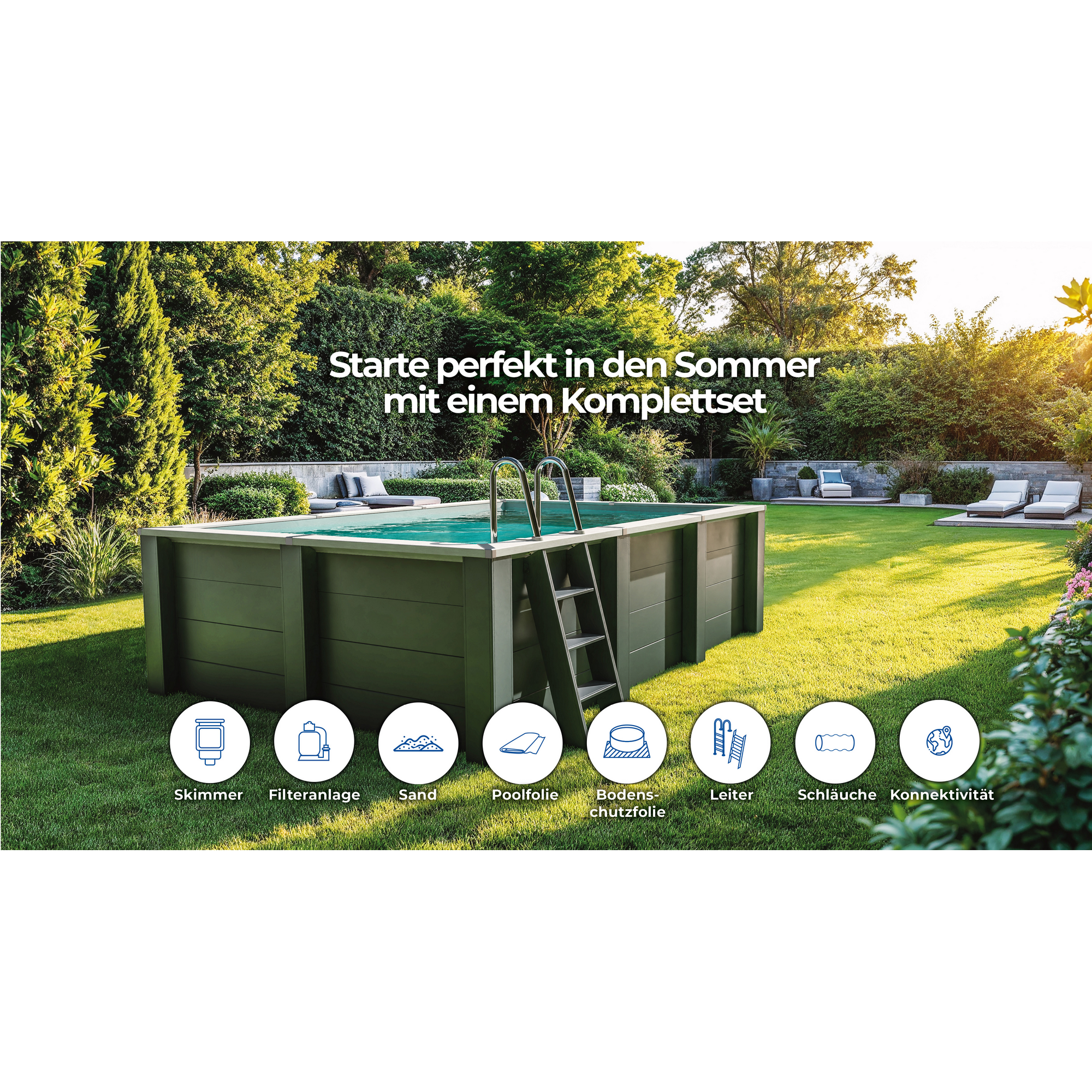 Composite Pool-Set 'Avantgarde Nova' rechteckig grau 606 × 326 × 124 cm, mit LED-Strahler und Smart Plug Modul