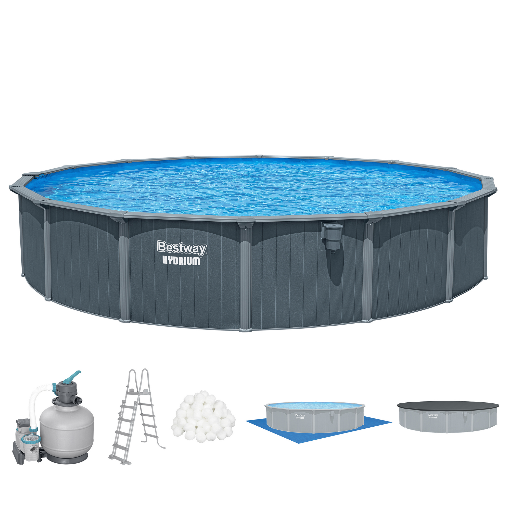 Stahlwandpool Komplett-Set 'Hydrium™' mit Sandfilteranlage rund Holz-Optik grau Ø 732 x 132 cm