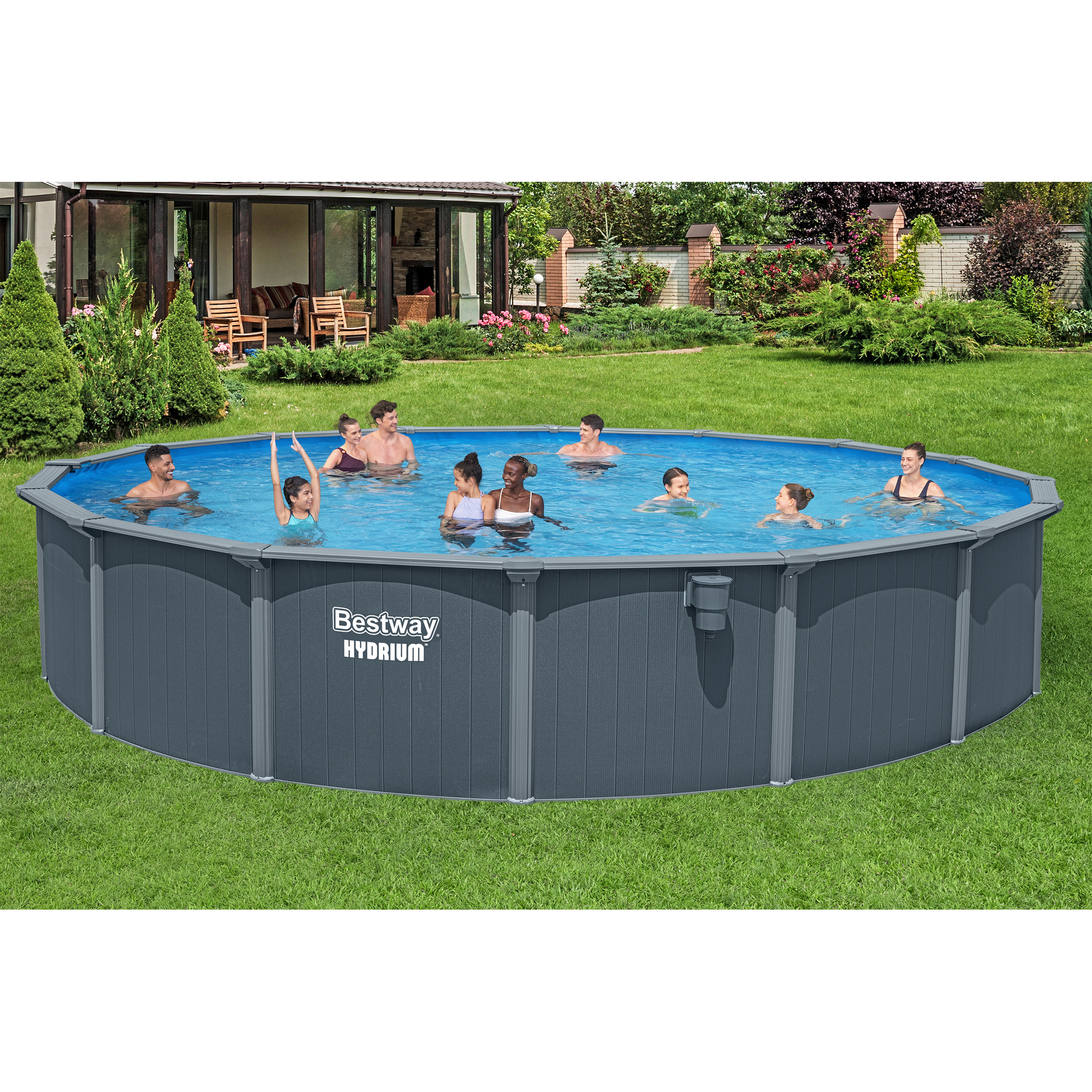 Stahlwandpool Komplett-Set 'Hydrium™' mit Sandfilteranlage rund Holz-Optik grau Ø 732 x 132 cm