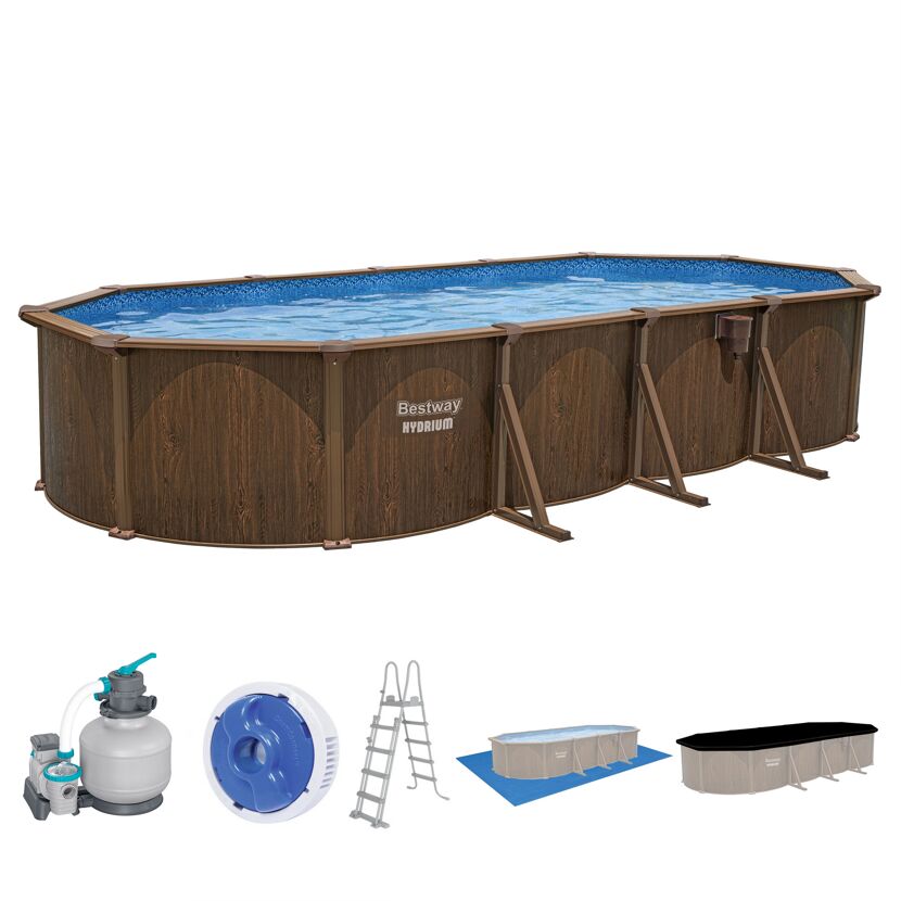 Stahlwandpool Komplett-Set 'Hydrium™' mit Sandfilteranlage oval Holz-Optik grau 732 x 366 x 132 cm