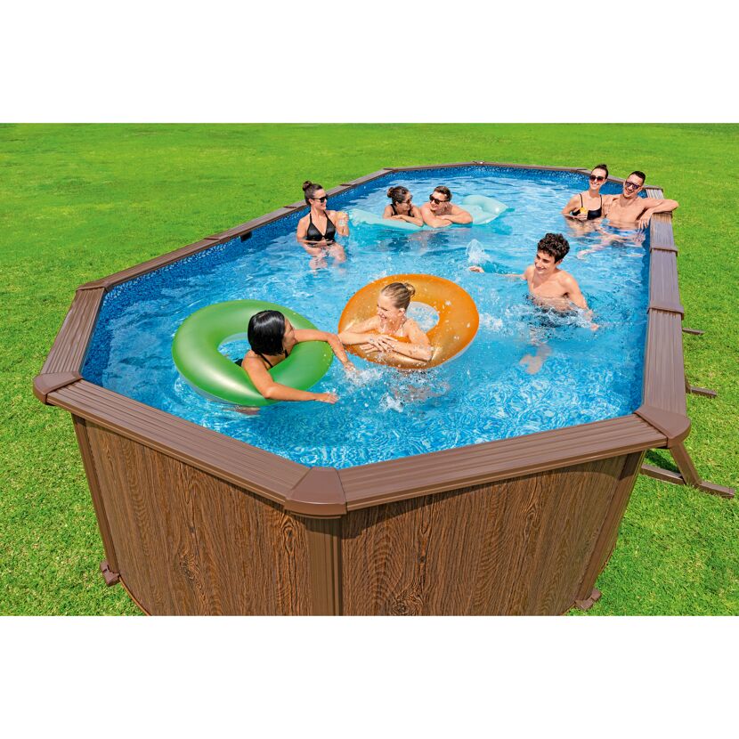 Stahlwandpool Komplett-Set 'Hydrium™' mit Sandfilteranlage oval Holz-Optik grau 732 x 366 x 132 cm