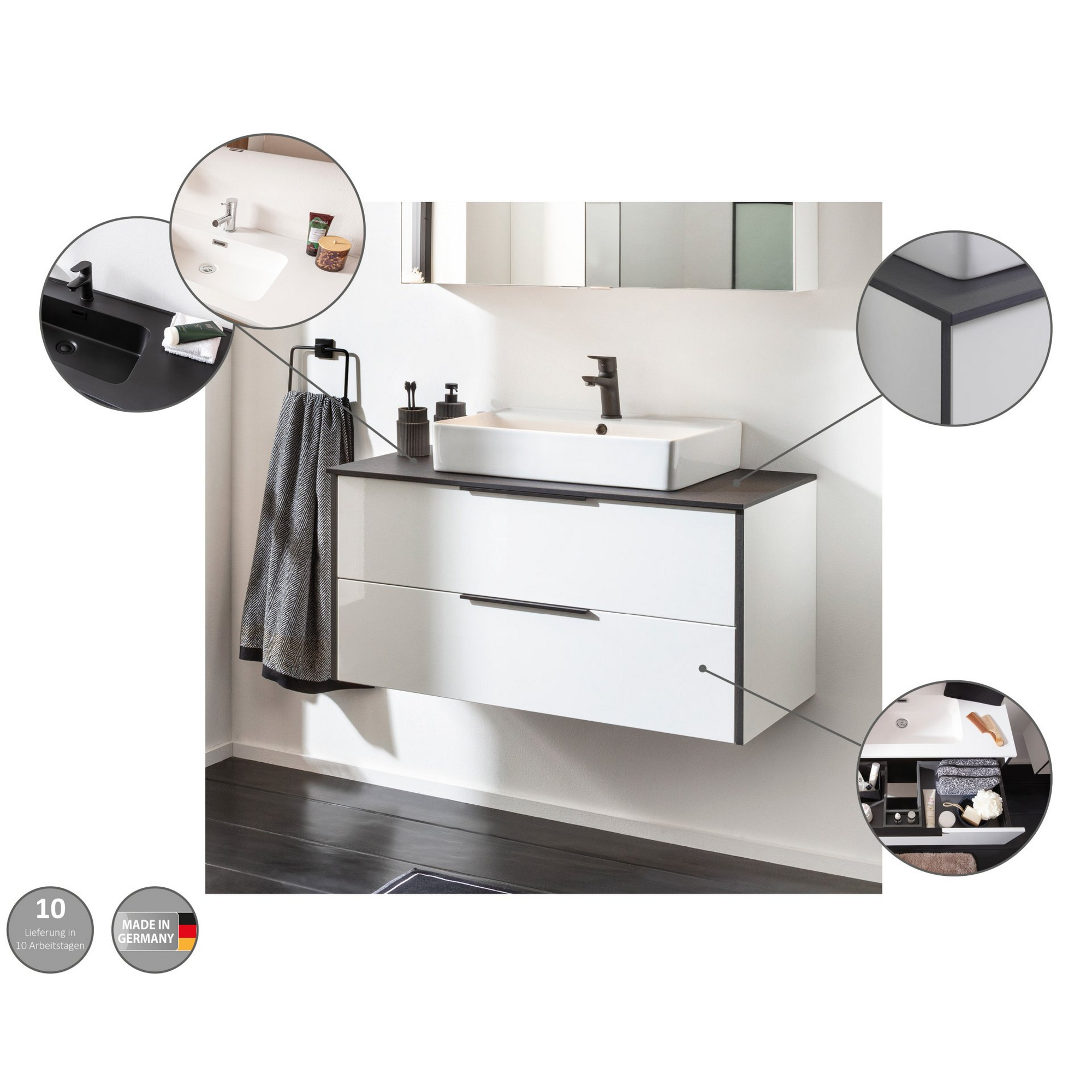 Waschtischplatte mit Unterschrank 'Flair' schwarz/weiß 100,6 x 48,7 x 47,5 cm