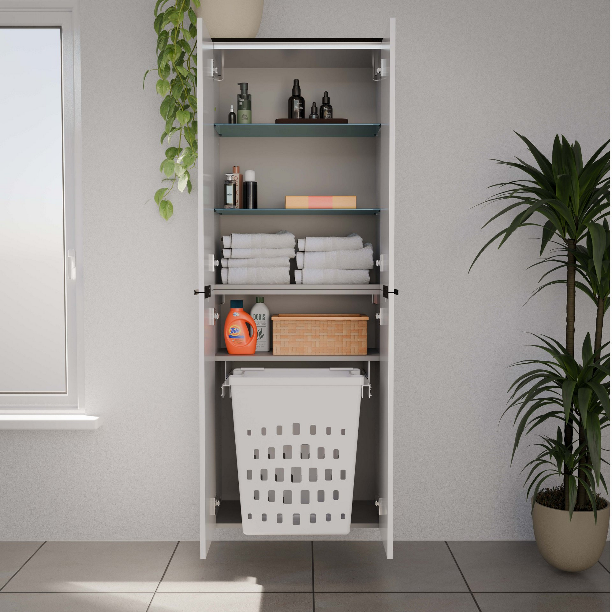 Hochschrank 'Flair' weiß/schwarz inklusive Wäschekorb mit Auszug 62,8 x 163,3 x 32 cm