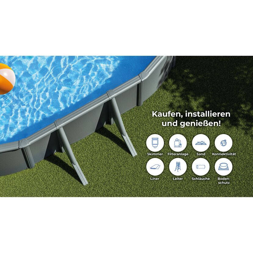 Stahlwandpool-Set 'Anthracite' oval 610 × 375 × 132 cm, mit Seitenstützen