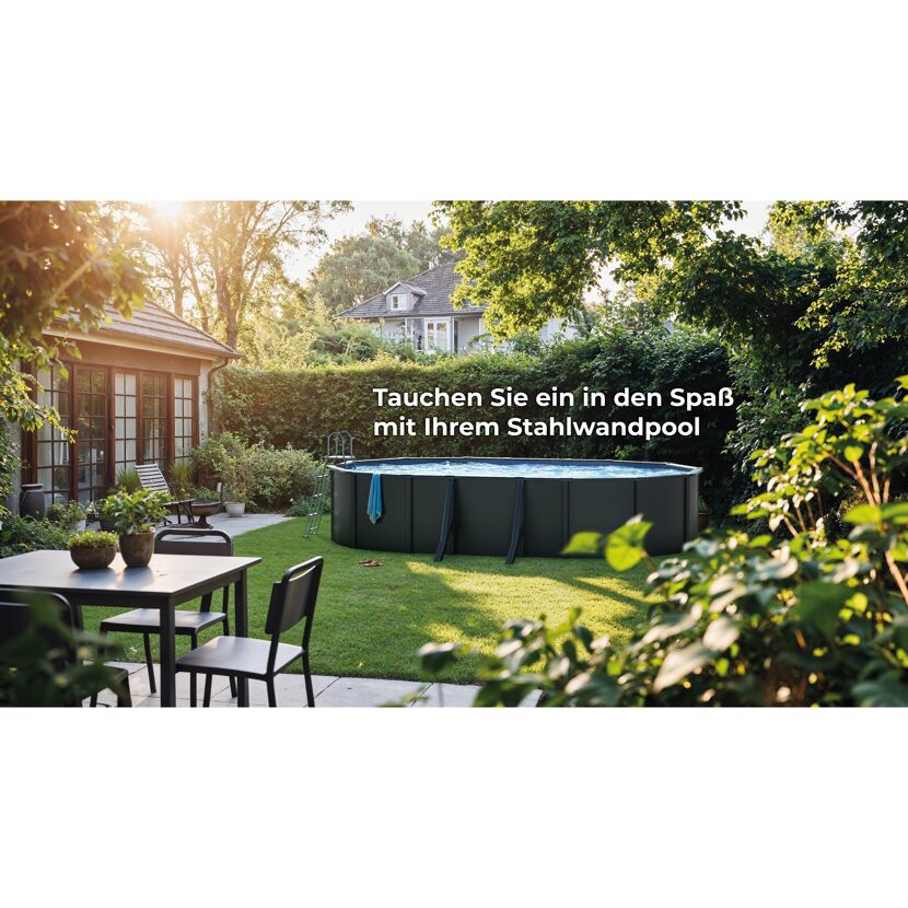 Stahlwandpool-Set 'Anthracite' oval 610 × 375 × 132 cm, mit Seitenstützen