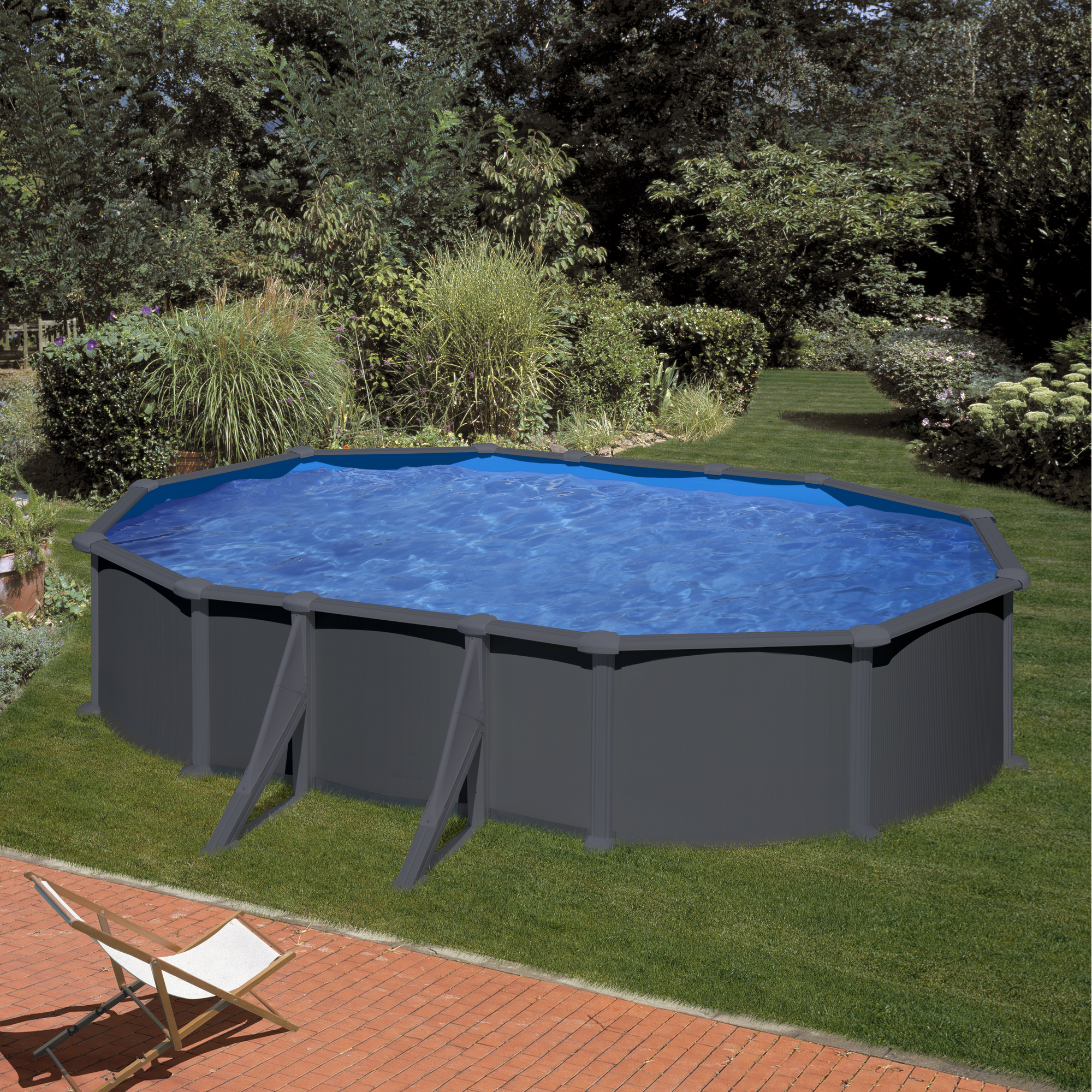 Stahlwandpool-Set 'Anthracite' oval 500 × 375 × 132 cm, mit Seitenstützen