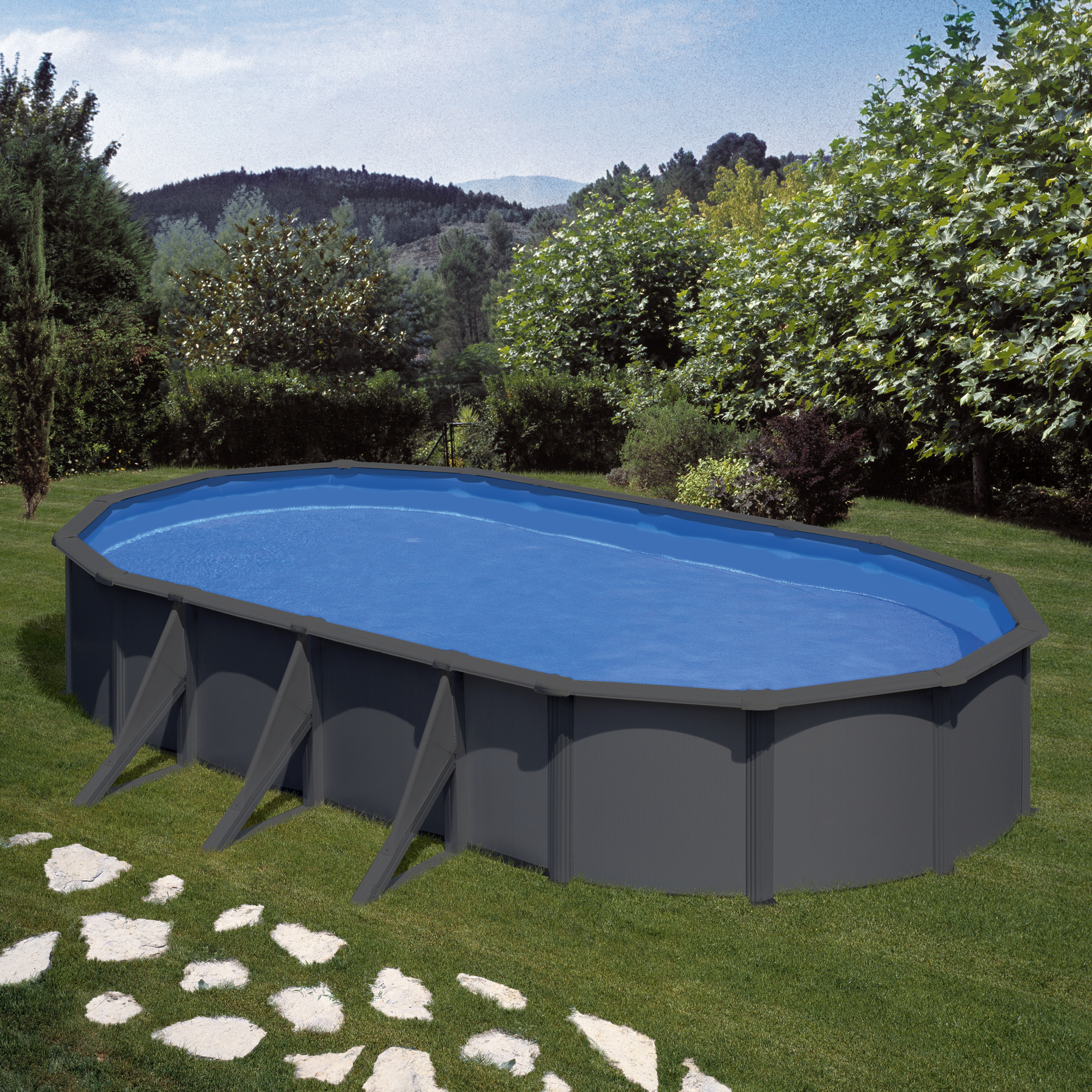 Stahlwandpool-Set 'Anthracite' oval 730 × 375 × 120 cm, mit Seitenstützen
