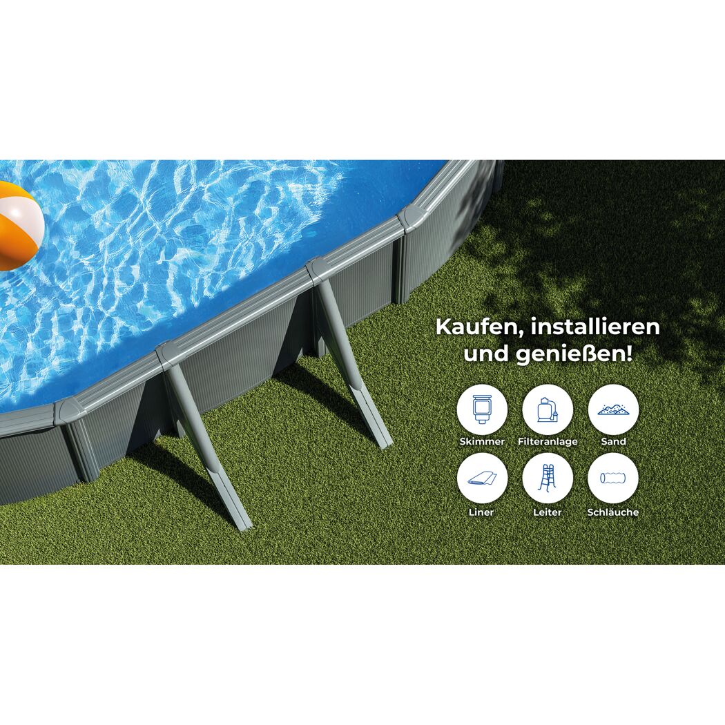 Stahlwandpool-Set 'Anthracite' oval 730 × 375 × 120 cm, mit Seitenstützen