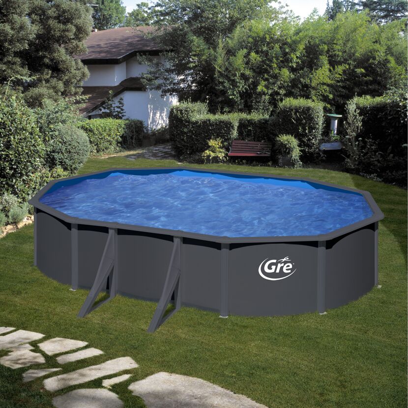 Stahlwandpool-Set 'Anthracite' oval 610 × 375 × 120 cm, mit Seitenstützen