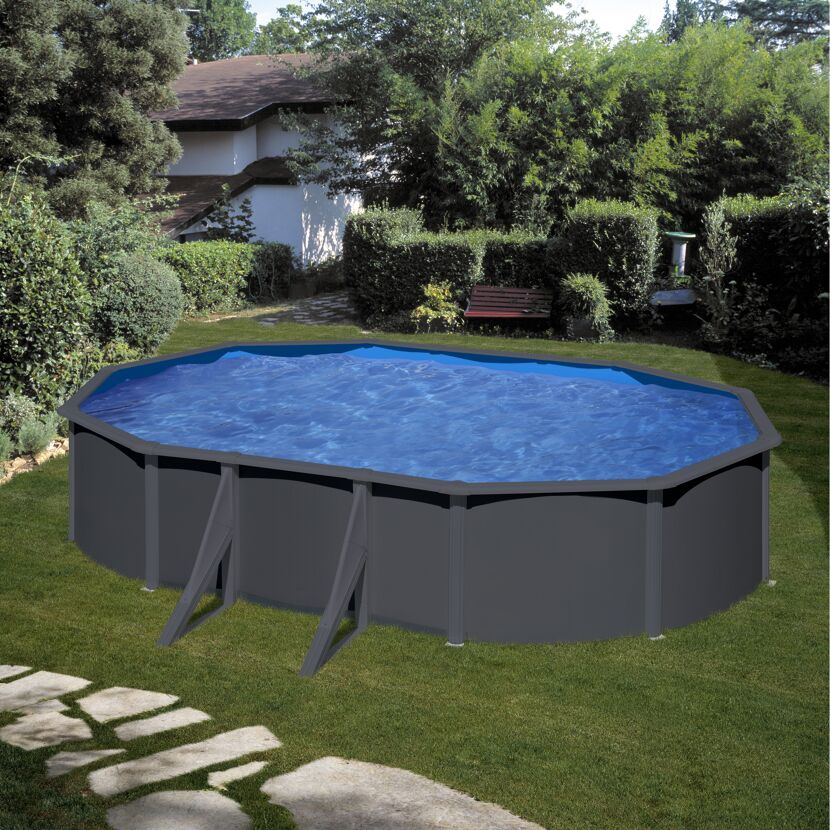 Stahlwandpool-Set 'Anthracite' oval 610 × 375 × 120 cm, mit Seitenstützen