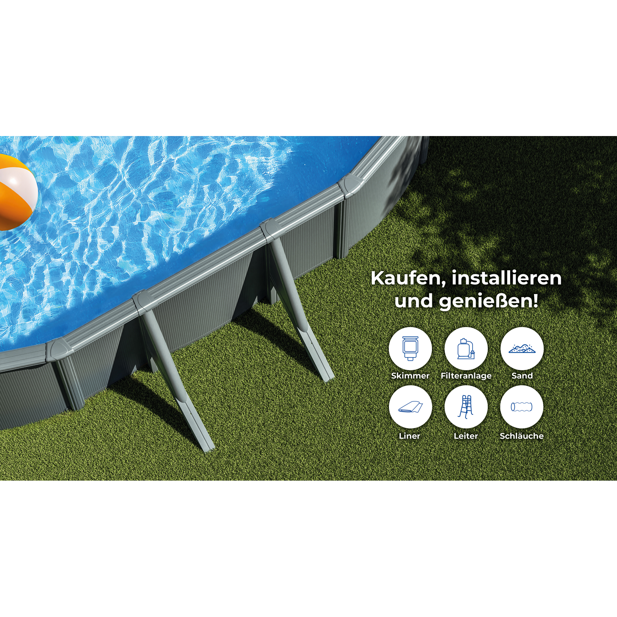 Stahlwandpool-Set 'Anthracite' oval 610 × 375 × 120 cm, mit Seitenstützen