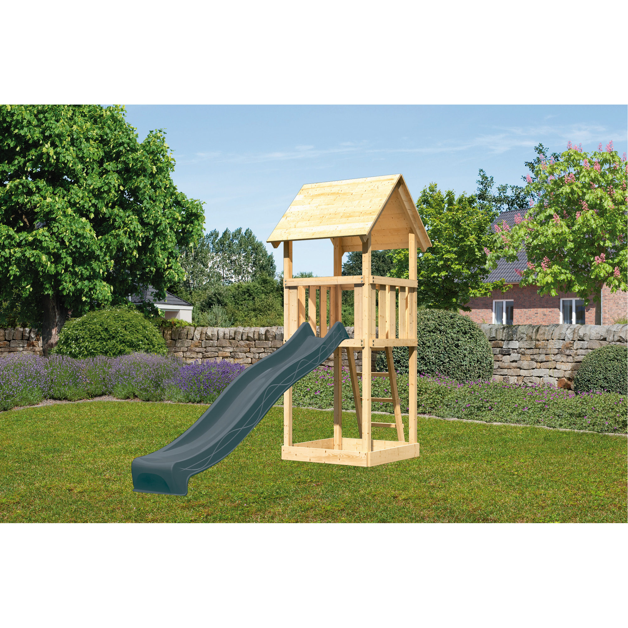 Kinderspielturm 'Lotti' Fichtenholz naturbelassen mit Rutsche anthrazit 107 x 291 x 107 cm