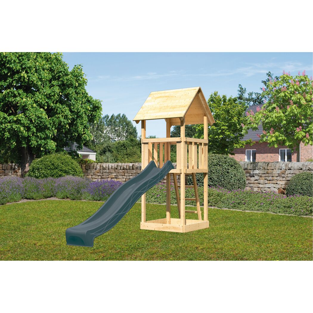 Kinderspielturm 'Lotti' Fichtenholz naturbelassen mit Rutsche anthrazit 107 x 291 x 107 cm