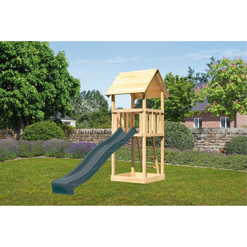 Kinderspielturm 'Lotti' Fichtenholz naturbelassen mit Rutsche anthrazit 107 x 291 x 107 cm