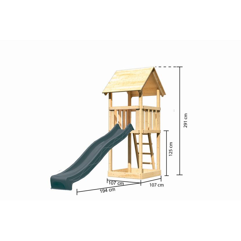 Kinderspielturm 'Lotti' Fichtenholz naturbelassen mit Rutsche anthrazit 107 x 291 x 107 cm
