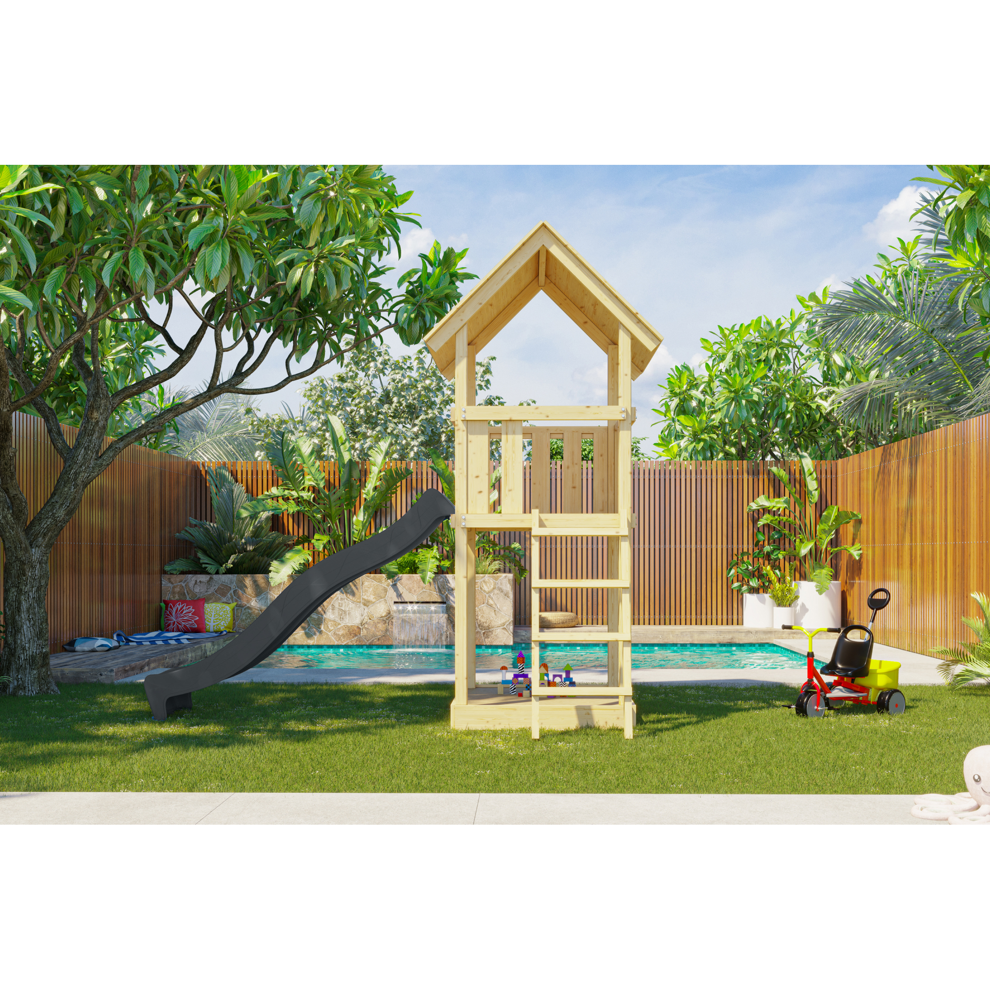 Kinderspielturm 'Lotti' Fichtenholz naturbelassen mit Rutsche anthrazit 107 x 291 x 107 cm
