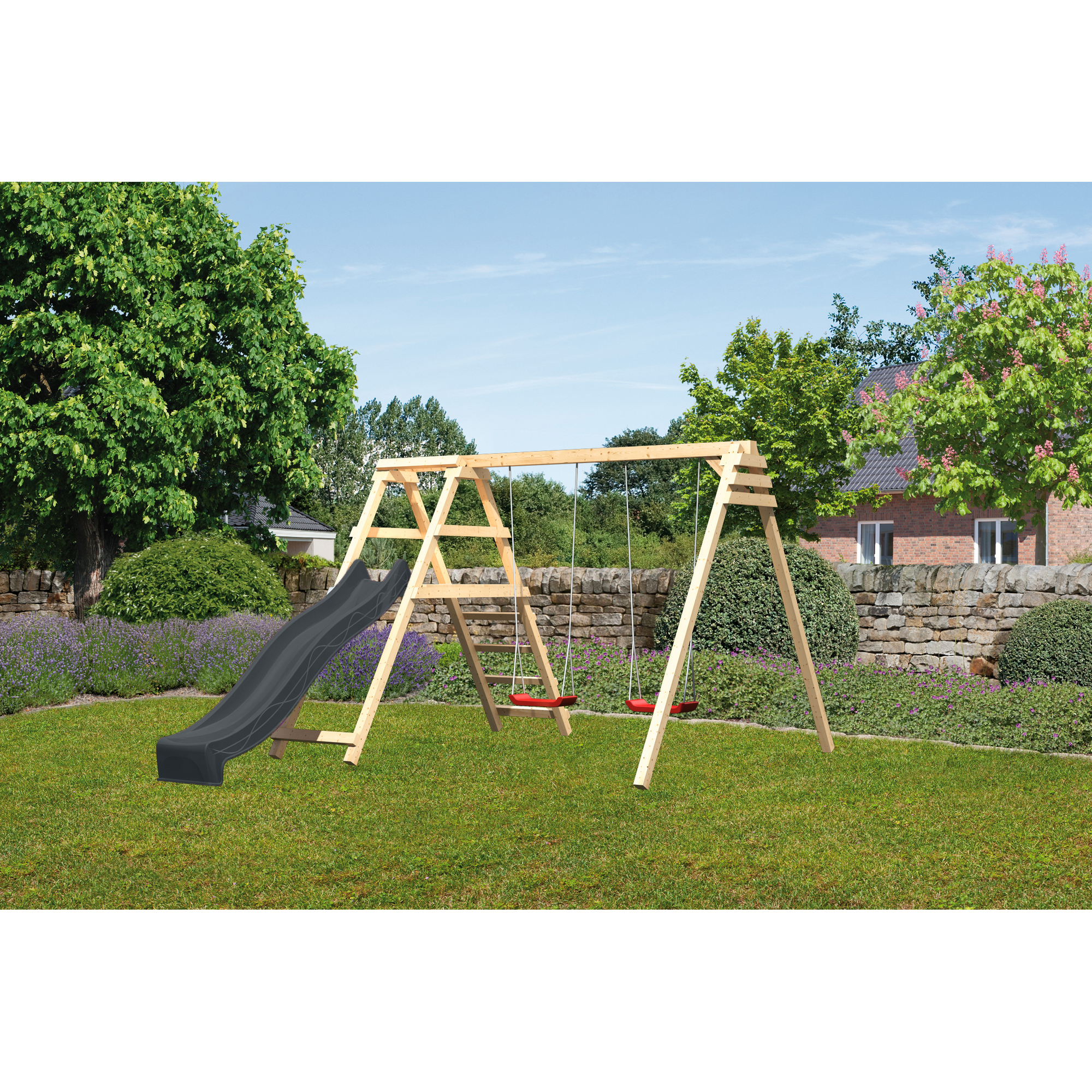 Doppelschaukel 'Felix' mit Klettergerüst und Rutsche natur/anthrazit 308 × 264 cm