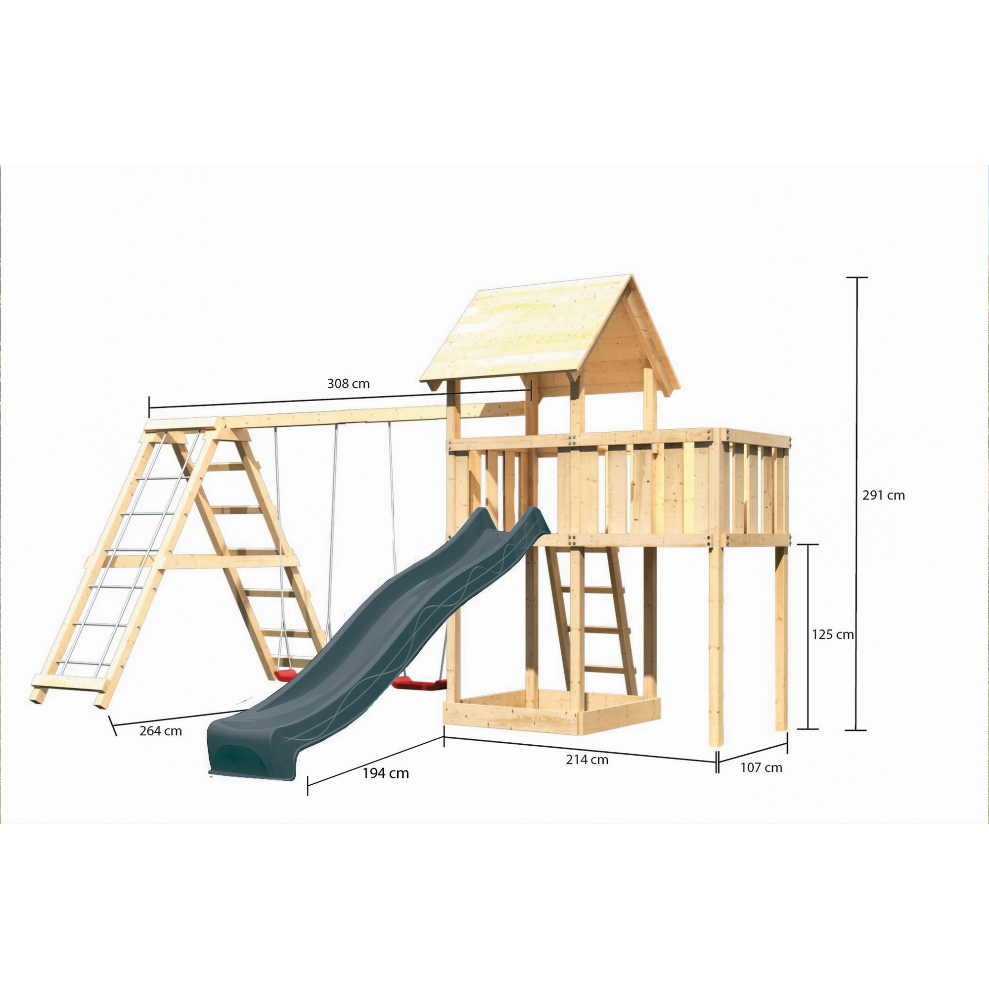 Kinderspielturm 'Lotti' Fichtenholz naturbelassen mit Rutsche anthrazit, Doppelschaukelanbau, Klettergerüst, Anbauplattform 107 x 291 x 107 cm