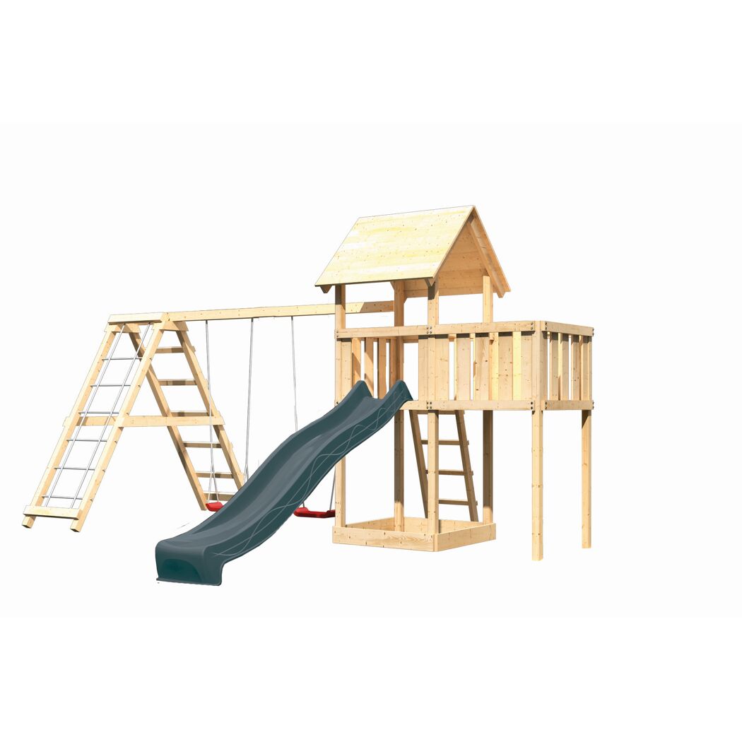Kinderspielturm 'Lotti' Fichtenholz naturbelassen mit Rutsche anthrazit, Doppelschaukelanbau, Klettergerüst, Anbauplattform 107 x 291 x 107 cm