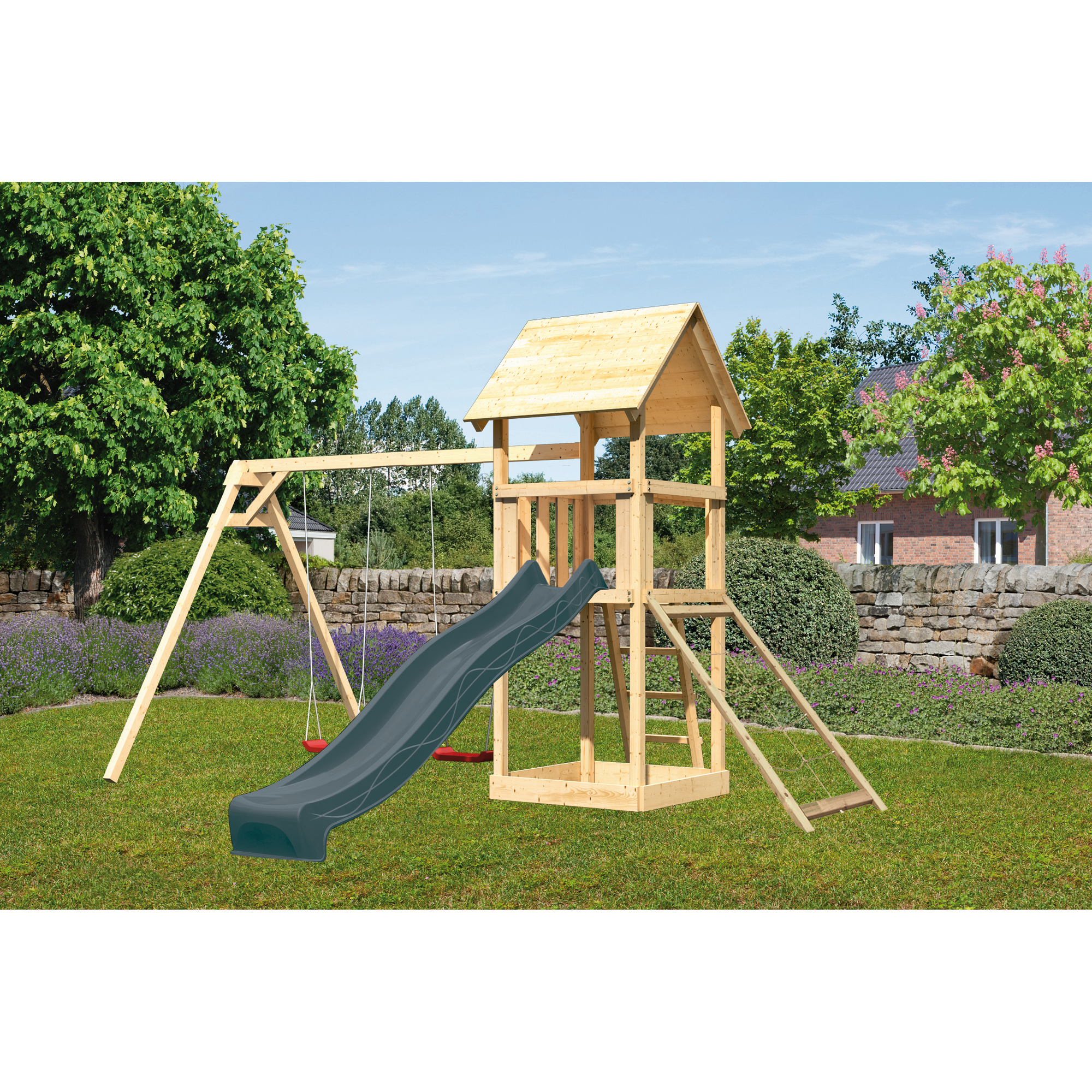 Kinderspielturm 'Lotti' Fichtenholz naturbelassen mit Rutsche anthrazit, Doppelschaukel, Netzrampe 107 x 291 x 107 cm