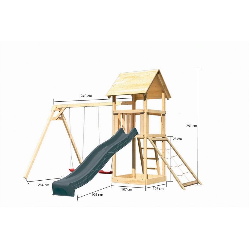 Kinderspielturm 'Lotti' Fichtenholz naturbelassen mit Rutsche anthrazit, Doppelschaukel, Netzrampe 107 x 291 x 107 cm