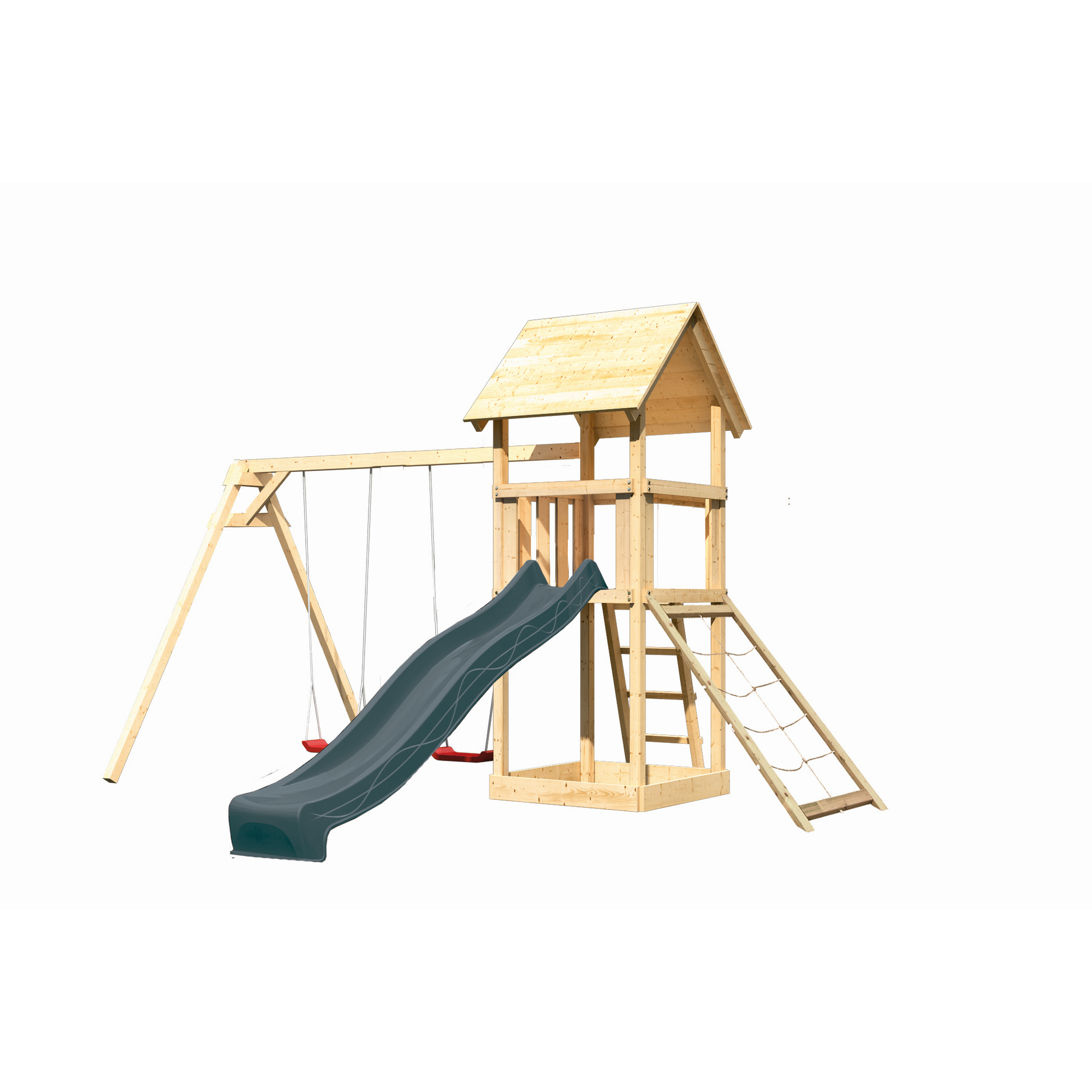 Kinderspielturm 'Lotti' Fichtenholz naturbelassen mit Rutsche anthrazit, Doppelschaukel, Netzrampe 107 x 291 x 107 cm