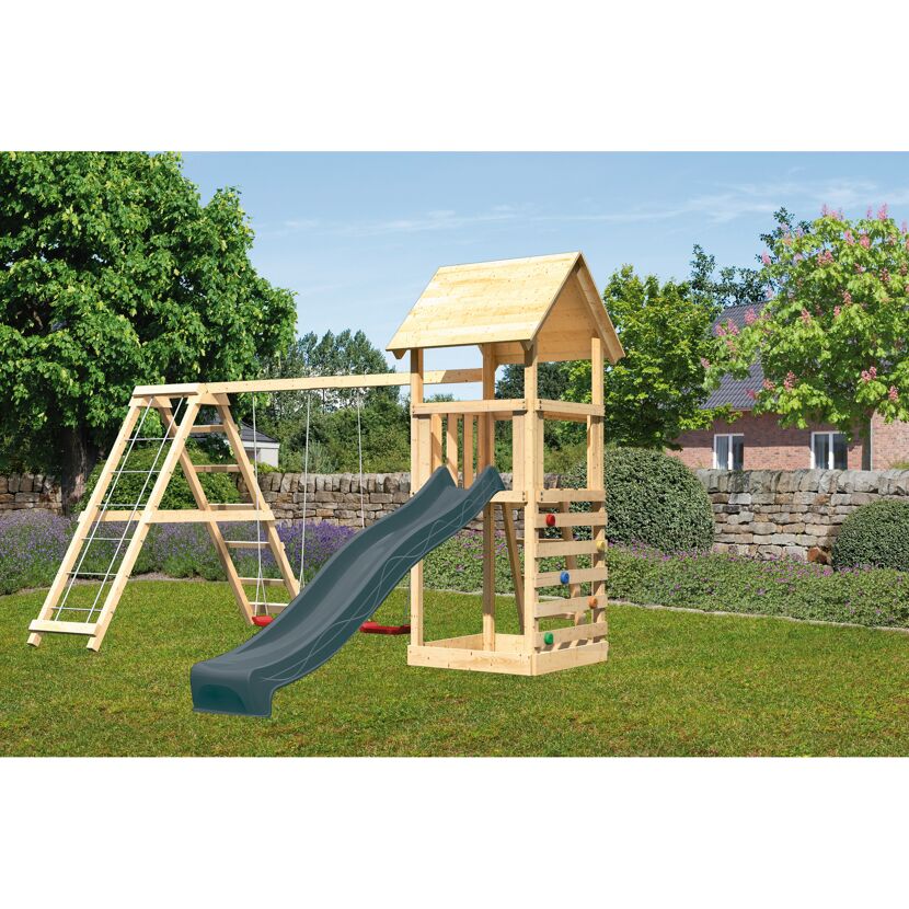 Kinderspielturm 'Lotti' Fichtenholz naturbelassen mit Rutsche anthrazit, Doppelschaukelanbau, Klettergerüst, Kletterwand 107 x 291 x 107 cm
