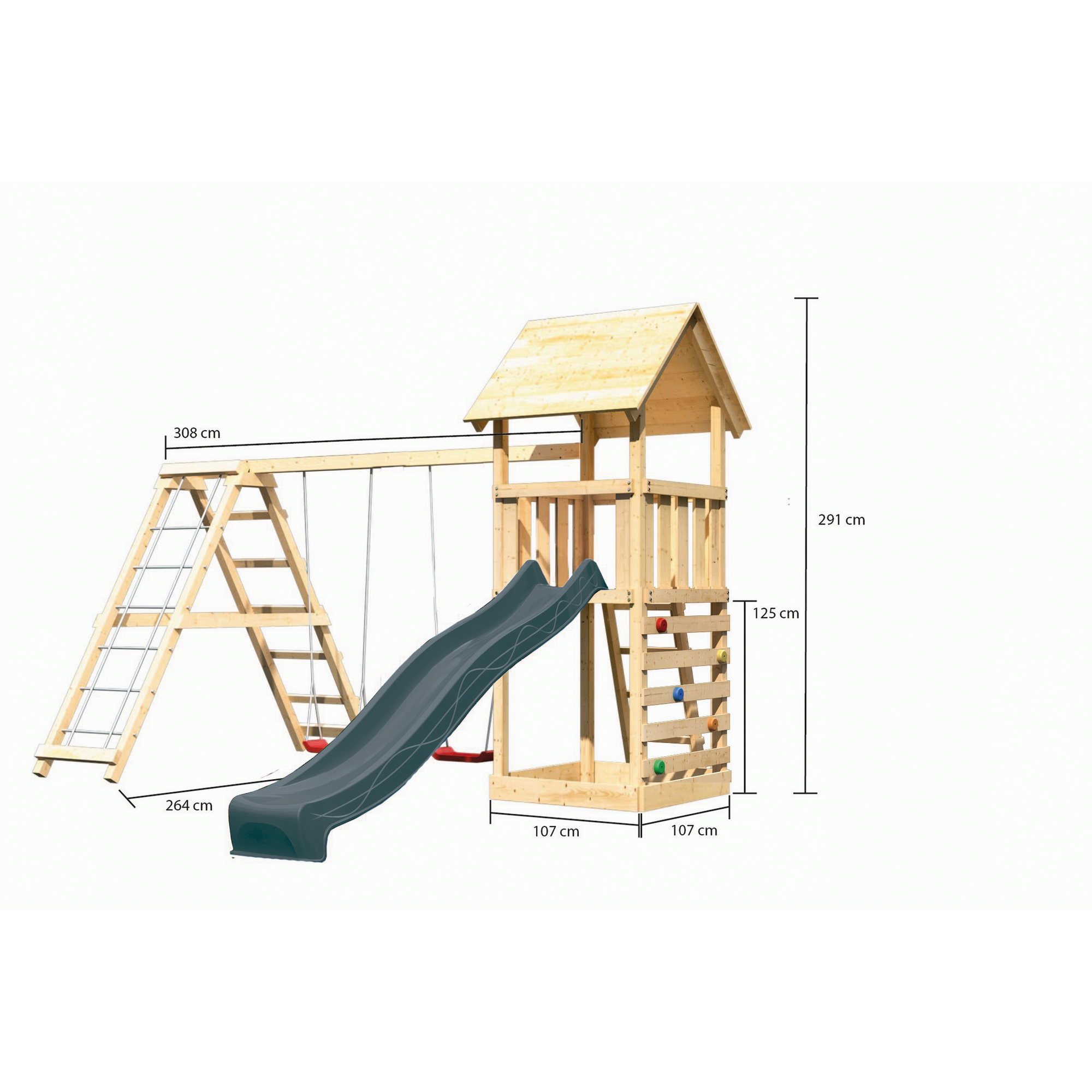 Kinderspielturm 'Lotti' Fichtenholz naturbelassen mit Rutsche anthrazit, Doppelschaukelanbau, Klettergerüst, Kletterwand 107 x 291 x 107 cm