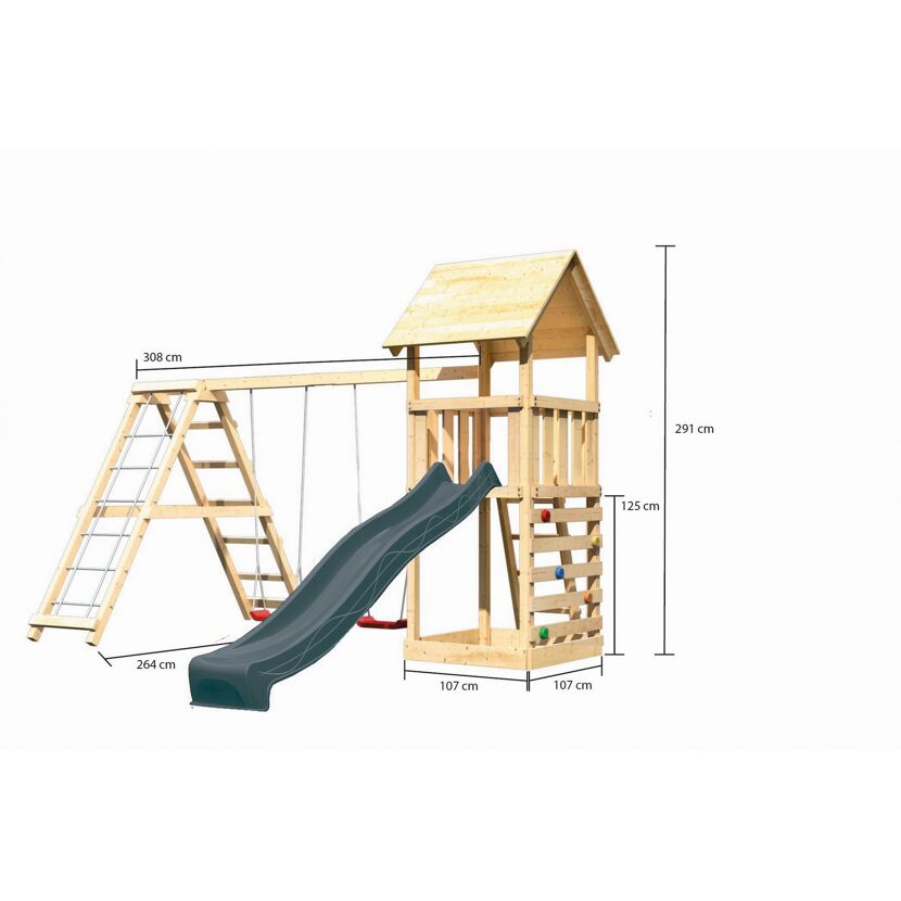 Kinderspielturm 'Lotti' Fichtenholz naturbelassen mit Rutsche anthrazit, Doppelschaukelanbau, Klettergerüst, Kletterwand 107 x 291 x 107 cm