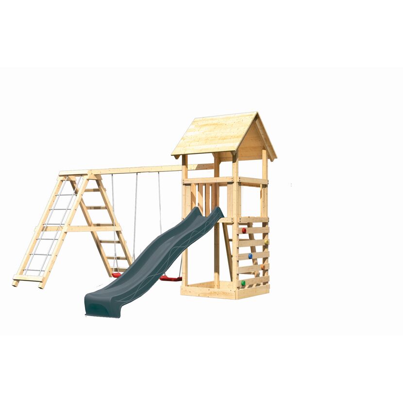 Kinderspielturm 'Lotti' Fichtenholz naturbelassen mit Rutsche anthrazit, Doppelschaukelanbau, Klettergerüst, Kletterwand 107 x 291 x 107 cm