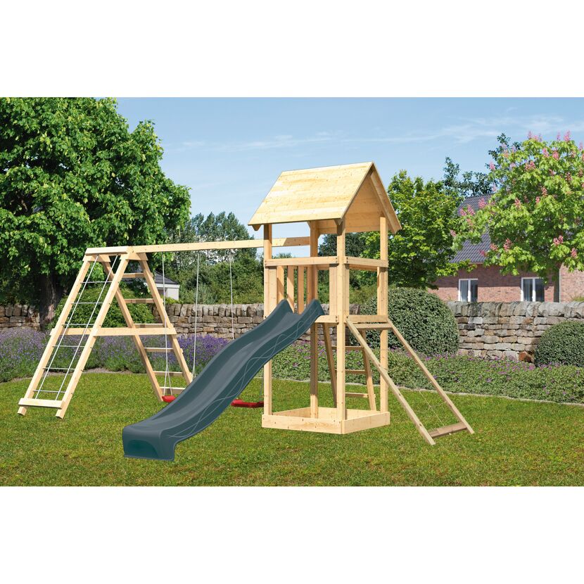 Kinderspielturm 'Lotti' Fichtenholz naturbelassen mit Rutsche anthrazit, Doppelschaukelanbau, Klettergerüst, Netzrampe 107 x 291 x 107 cm