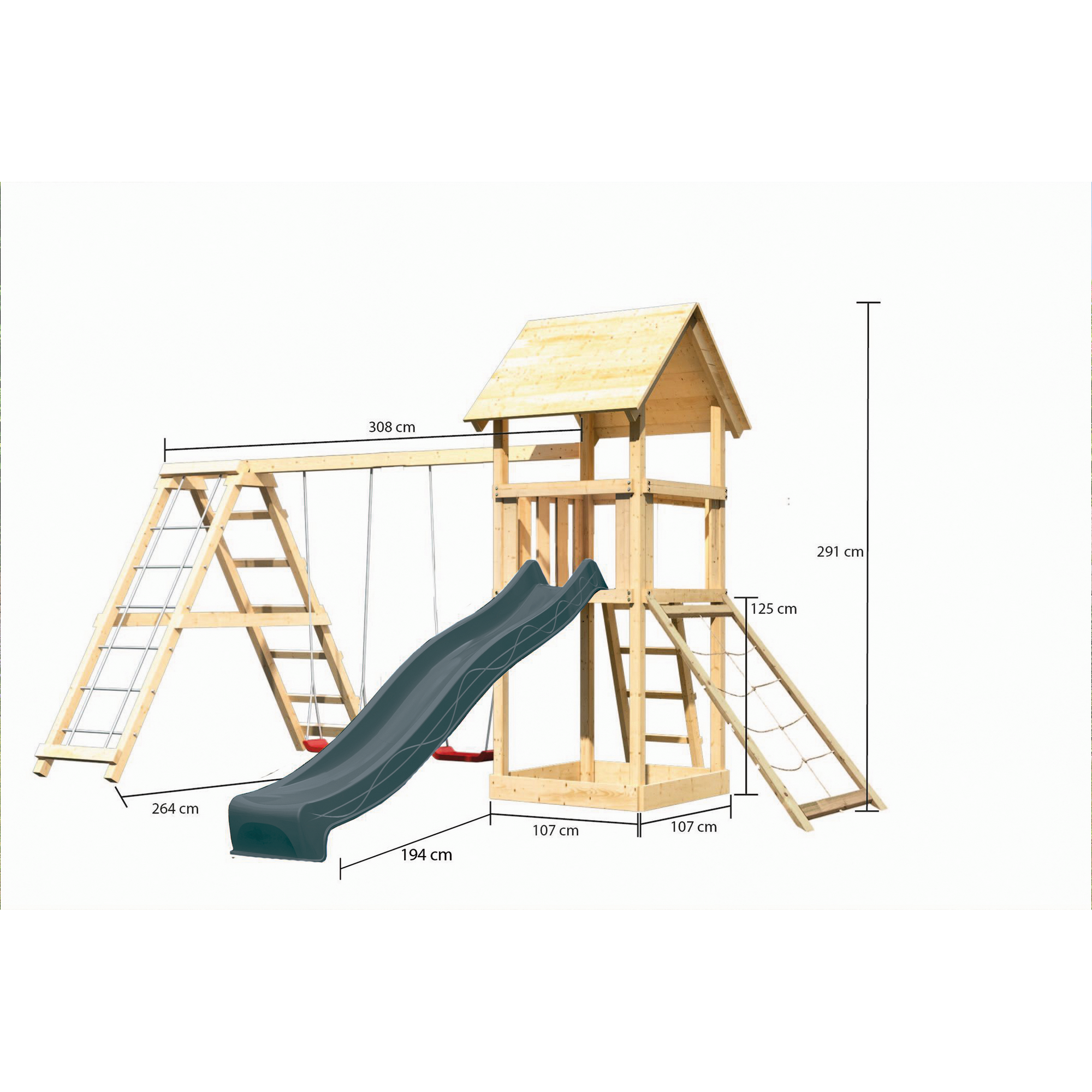 Kinderspielturm 'Lotti' Fichtenholz naturbelassen mit Rutsche anthrazit, Doppelschaukelanbau, Klettergerüst, Netzrampe 107 x 291 x 107 cm