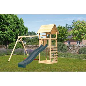 Kinderspielturm 'Lotti' Fichtenholz naturbelassen mit Rutsche anthrazit, Doppelschaukel, Kletterwand 107 x 291 x 107 cm