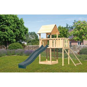 Kinderspielturm 'Lotti' Fichtenholz naturbelassen mit Rutsche anthrazit, Anbauplattform, Netzrampe 107 x 291 x 107 cm