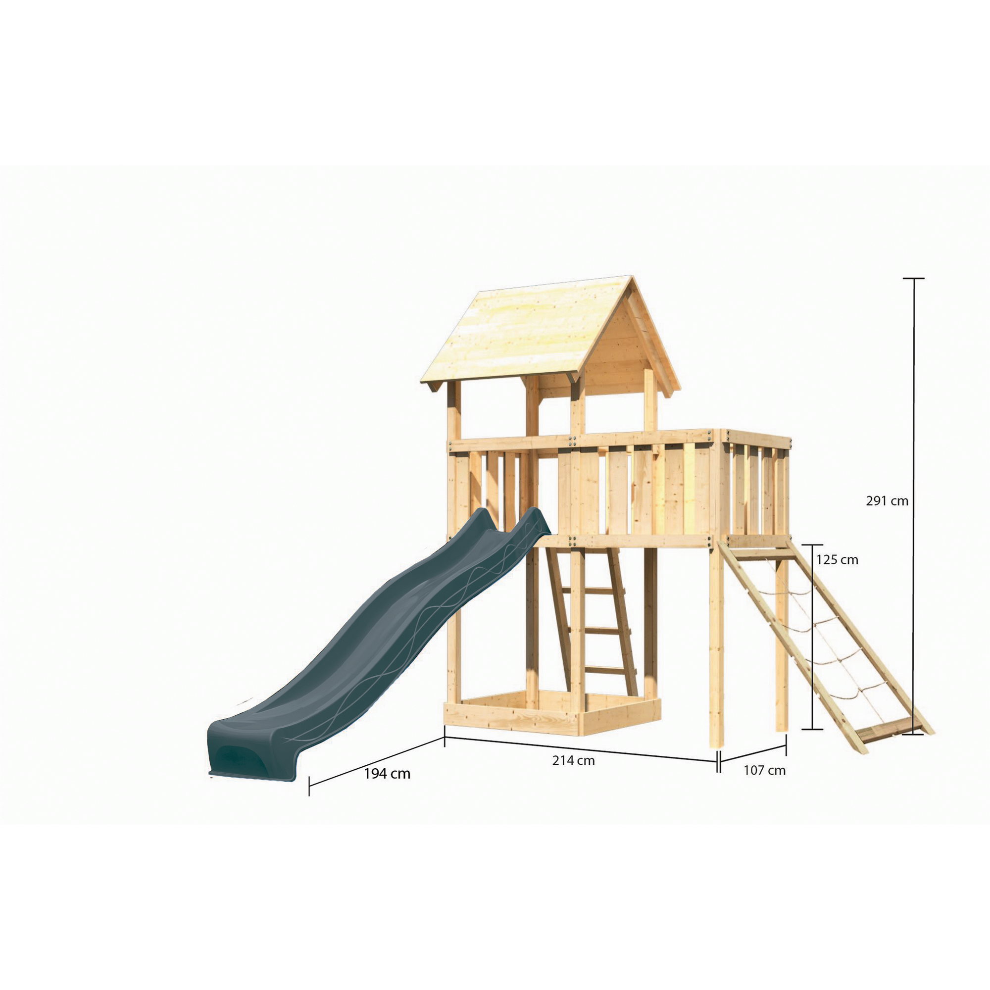 Kinderspielturm 'Lotti' Fichtenholz naturbelassen mit Rutsche anthrazit, Anbauplattform, Netzrampe 107 x 291 x 107 cm