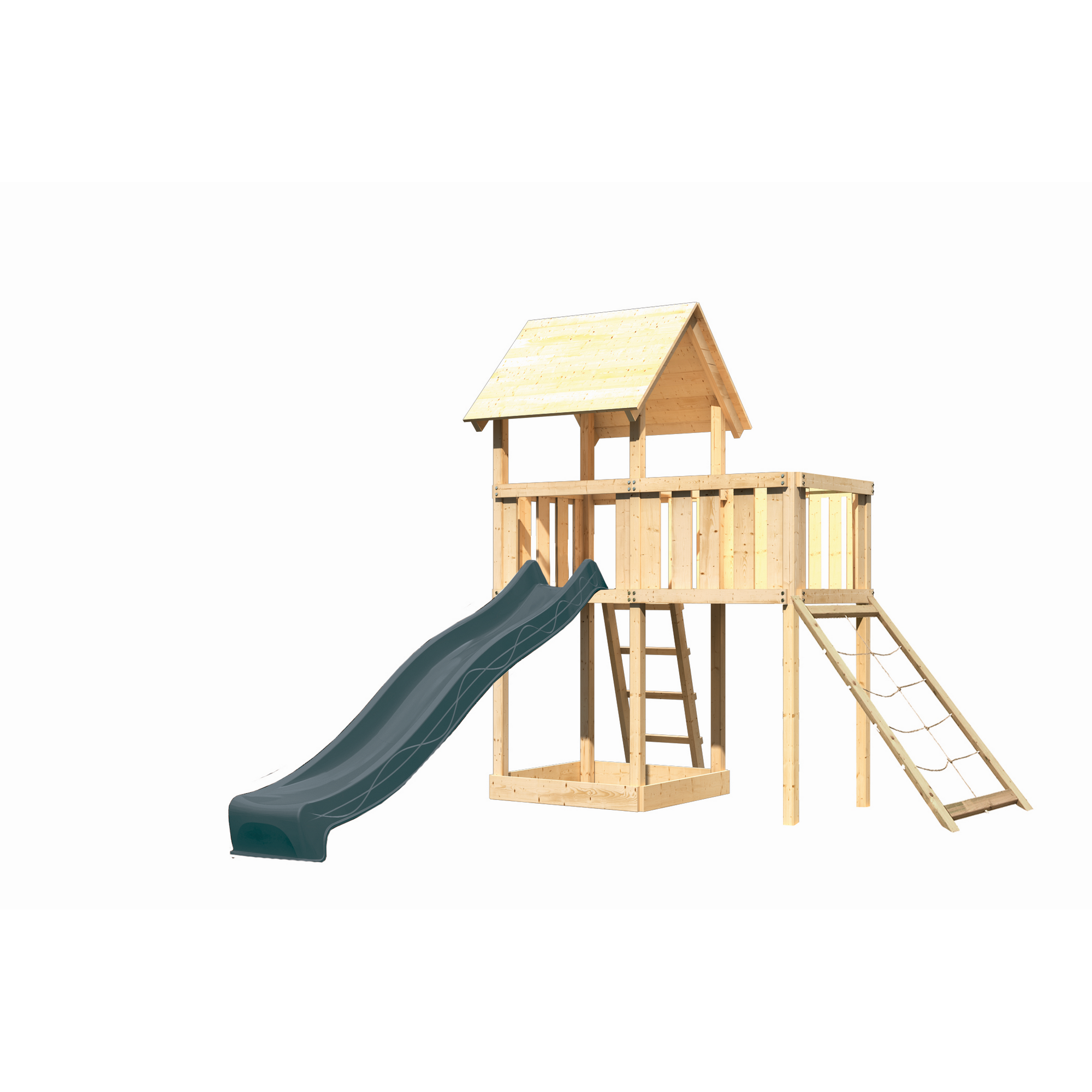 Kinderspielturm 'Lotti' Fichtenholz naturbelassen mit Rutsche anthrazit, Anbauplattform, Netzrampe 107 x 291 x 107 cm