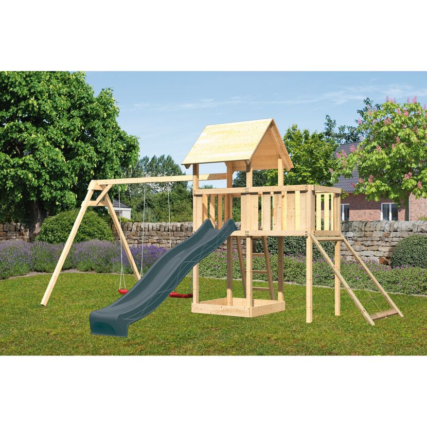 Kinderspielturm 'Lotti' Fichtenholz naturbelassen mit Rutsche anthrazit, Doppelschaukel, Anbauplattform, Netzrampe 107 x 291 x 107 cm