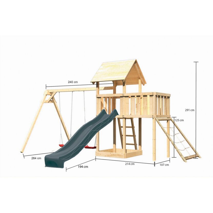 Kinderspielturm 'Lotti' Fichtenholz naturbelassen mit Rutsche anthrazit, Doppelschaukel, Anbauplattform, Netzrampe 107 x 291 x 107 cm