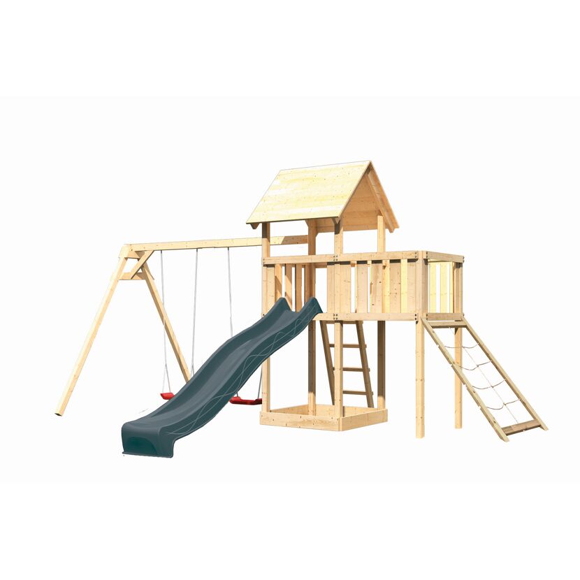 Kinderspielturm 'Lotti' Fichtenholz naturbelassen mit Rutsche anthrazit, Doppelschaukel, Anbauplattform, Netzrampe 107 x 291 x 107 cm