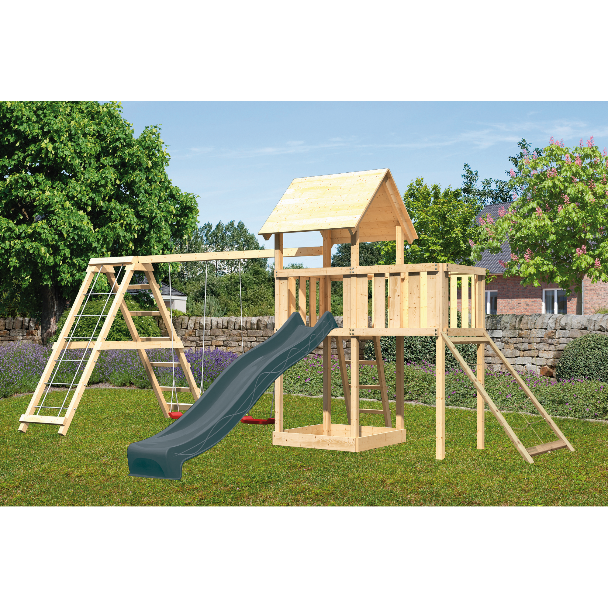 Kinderspielturm 'Lotti' Fichtenholz naturbelassen mit Rutsche anthrazit, Doppelschaukel, Klettergerüst, Anbauplattform, Netzrampe 107 x 291 x 107 cm