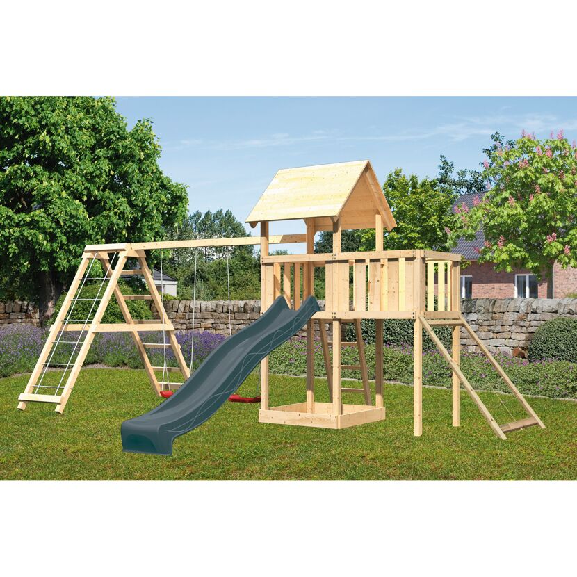 Kinderspielturm 'Lotti' Fichtenholz naturbelassen mit Rutsche anthrazit, Doppelschaukel, Klettergerüst, Anbauplattform, Netzrampe 107 x 291 x 107 cm