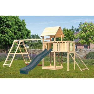 Kinderspielturm 'Lotti' Fichtenholz naturbelassen mit Rutsche anthrazit, Doppelschaukel, Klettergerüst, Anbauplattform, Netzrampe 107 x 291 x 107 cm