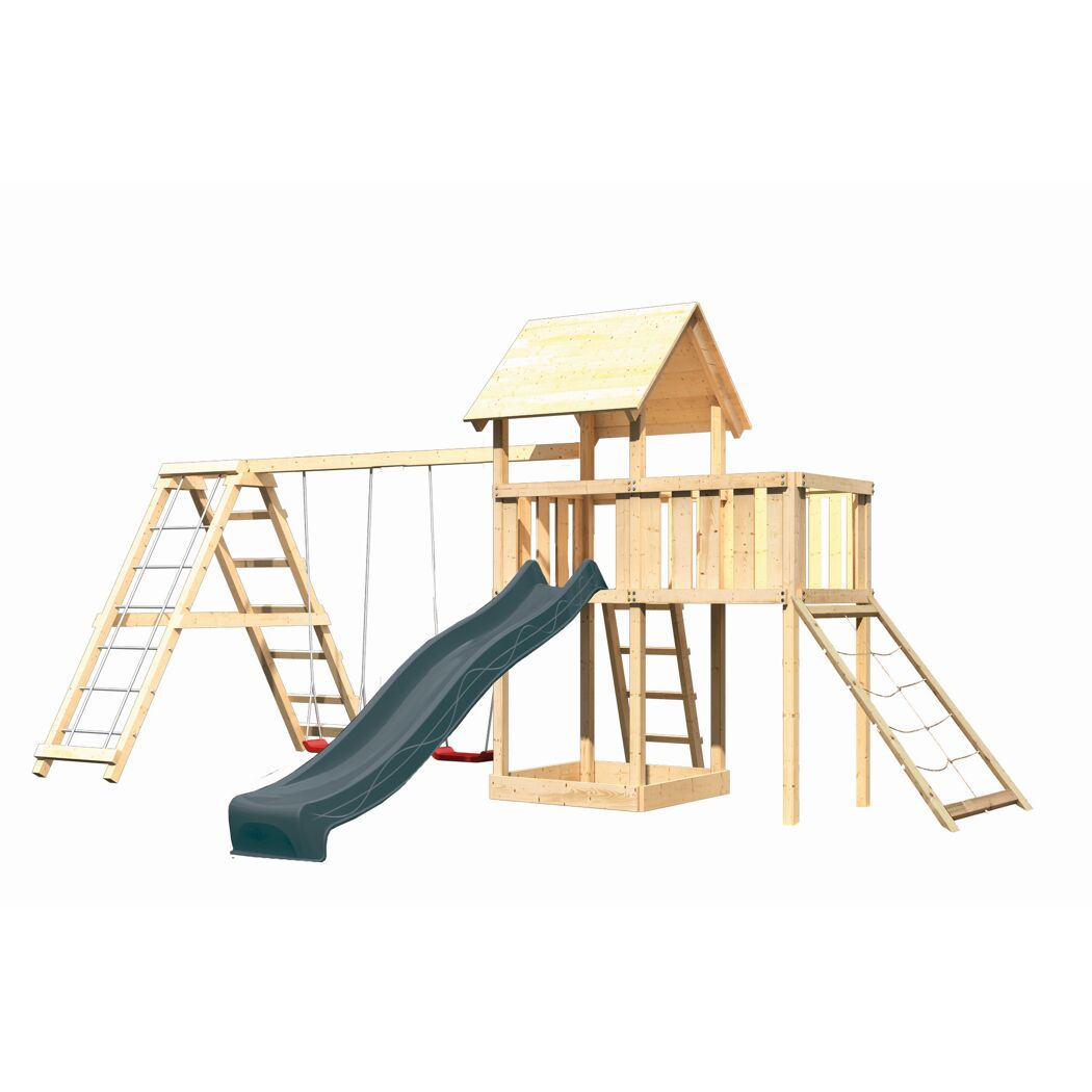 Kinderspielturm 'Lotti' Fichtenholz naturbelassen mit Rutsche anthrazit, Doppelschaukel, Klettergerüst, Anbauplattform, Netzrampe 107 x 291 x 107 cm