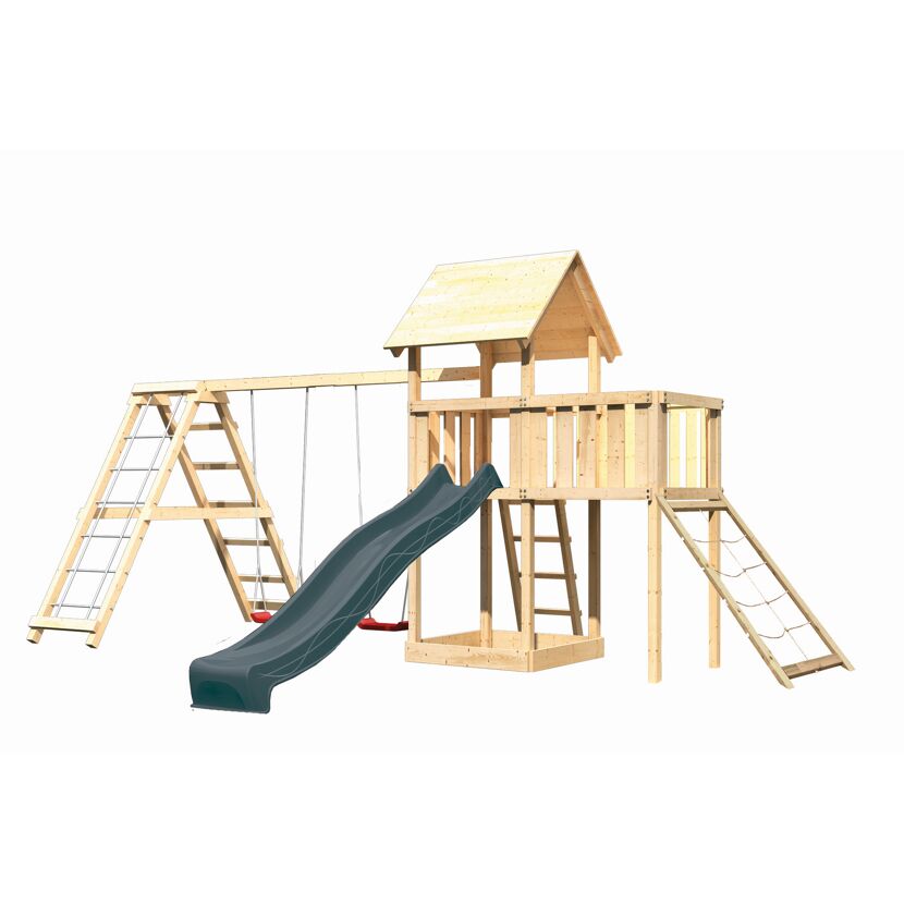 Kinderspielturm 'Lotti' Fichtenholz naturbelassen mit Rutsche anthrazit, Doppelschaukel, Klettergerüst, Anbauplattform, Netzrampe 107 x 291 x 107 cm