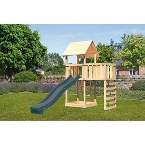 Kinderspielturm 'Lotti' Fichtenholz naturbelassen mit Rutsche anthrazit, Anbauplattform, Kletterwand 107 x 291 x 107 cm