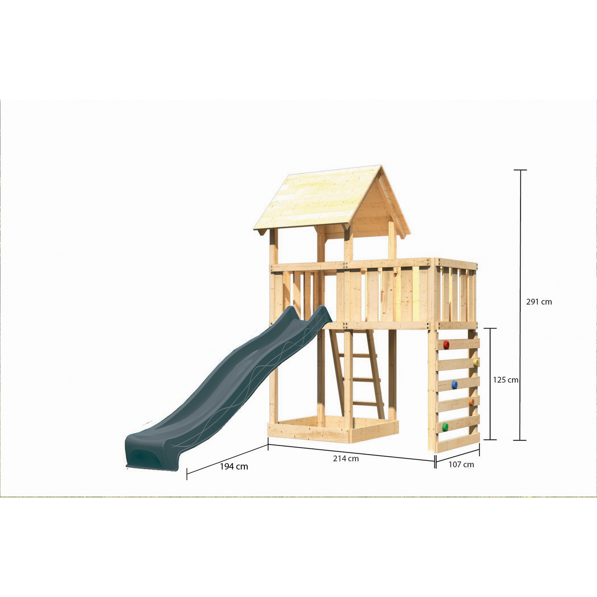 Kinderspielturm 'Lotti' Fichtenholz naturbelassen mit Rutsche anthrazit, Anbauplattform, Kletterwand 107 x 291 x 107 cm