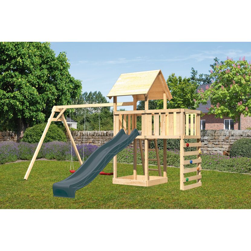 Kinderspielturm 'Lotti' Fichtenholz naturbelassen mit Rutsche anthrazit, Doppelschaukel, Anbauplattform, Kletterwand 107 x 291 x 107 cm